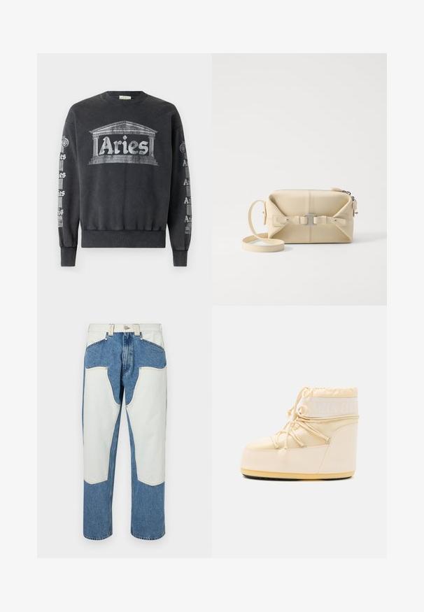Gray sweatshirt with a crew neck, featuring a large "Aries" graphic and architectural design on the front; repeated text on the sleeves.; Denim jeans featuring a light blue color with white contrasting patches and beige stitching. Straight leg design with a high waist.; Light beige Moon Boot with a rounded toe, drawstring closure, and textured rubber sole. Features white branding and smooth synthetic materials.; Beige leather crossbody bag with a rectangular shape, featuring a central buckle detail, zip closure, and adjustable strap.