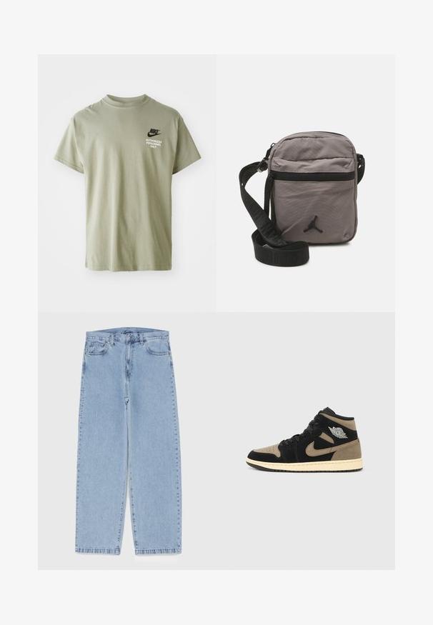 Sweatshirt azul claro com um gráfico de um urso na frente. Feito de um tecido suave, com punhos canelados e decote redondo.; T-shirt de algodão verde oliva com mangas curtas, gola redonda e logótipo "Nike" acima de "PESSOAL AUTORIZADO APENAS" em texto branco.; Jeans de denim azul claro com design de perna reta, apresentando uma cintura de altura média, cinco bolsos e um fecho de botão e zíper.; Ténis de cano alto com camurça preta e castanha, biqueira perfurada, entressola bege, atacadores pretos e um logótipo prateado na lateral.; Mala crossbody em nylon cinza com um bolso frontal com fecho, alça ajustável preta e detalhe em logotipo preto na frente. Design compacto e leve.