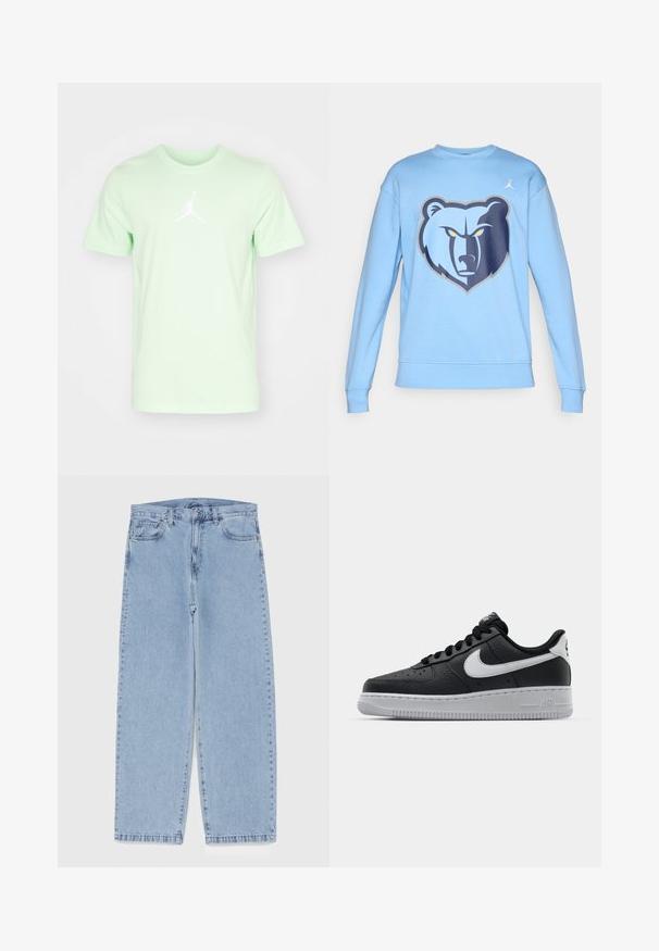 Lys blå hettegenser med en bjørnegrafikk på forsiden. Laget av mykt stoff, med ribbestrikkede mansjetter og rund hals.; Jordan JUMPMAN SHORT SLEEVE CREW - T-skjorte til trening - vapor green/(white); Lyseblå denimjeans med rett ben-design, med mid-rise liv, fem lommer og knap og lynlås lukning.; Svart lær sneakers med teksturert overflate, hvit Nike swoosh, grå såle, rund tå og snøredesign. Har perforeringer på tåboksen.