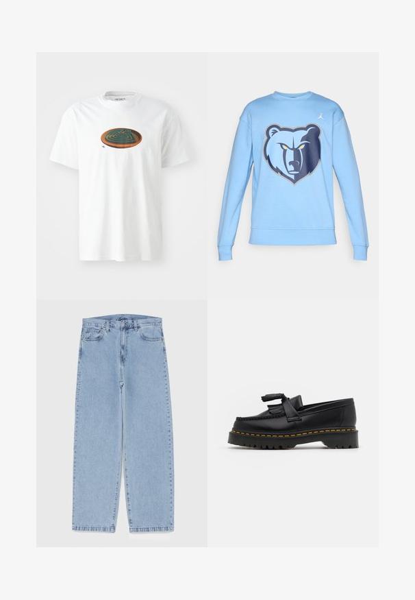Light blue sweatshirt featuring a bear graphic on the front. Made of soft fabric, with ribbed cuffs and a crew neckline.; White cotton t-shirt featuring a round graphic in brown and green with a maze design. Short sleeves and a crew neck style.; Light blue denim jeans with straight leg design, featuring a mid-rise waist, five pockets, and a button and zipper closure.; Black leather loafer with a tasseled accent, featuring a chunky black sole and yellow stitching along the edge. Textured finish.