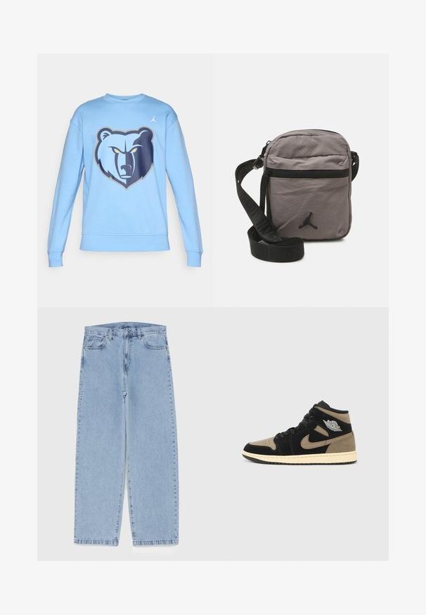 Világoskék pulóver, elülső oldalán medve grafikával. Puha anyagból készült, bordás mandzsettákkal és kerek nyakkivágással.; Világoskék farmernadrág egyenes szárú kivitelben, közepes derékkal, öt zsebbel, gombos és cipzáros záródással.; Fekete és barna velúrból készült magas szárú tornacipők, perforált orr-résszel, bézs talpbéléssel, fekete fűzővel és ezüst logóval az oldalukon.; Szürke nylon keresztpántos táska cipzáros elülső zsebbel, állítható fekete pánttal, és fekete logóval az elején. Kompakt és könnyű kialakítás.; Kék hátitáska piros kiemelésekkel, több cipzáras rekesszel, logófoltokkal és állítható pántokkal. Tartós anyagból készült.