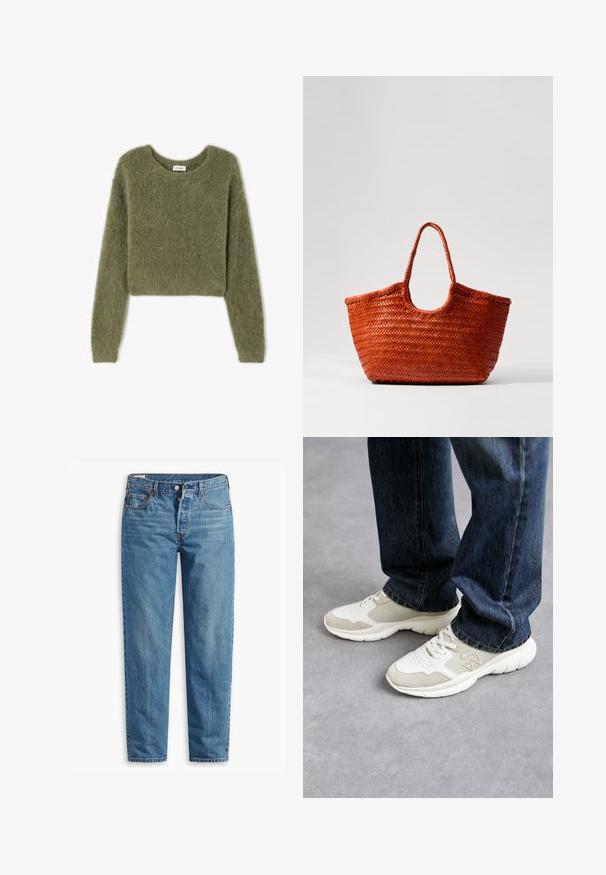 Olivgrüner, kurzer Pullover aus weichem, flauschigem Material mit langen Ärmeln und rundem Ausschnitt. Keine sichtbaren Muster oder Hardware-Details.; Blaue Jeans aus Denim mit geradem Schnitt, ausgestattet mit einem Reißverschluss, zwei vorderen Taschen und subtilen Verfärbungen im gesamten Stoff.; Sneaker in Hellgrau und sanftem Beigegitter mit Wildlederelementen. Merkmale ein Schnürdesign und eine dicke weiße Gummisohle. Getragen zu blauen Jeans.; DRAGON DIFFUSION NANTUCKET BASKET BIG - Handtasche - naranja