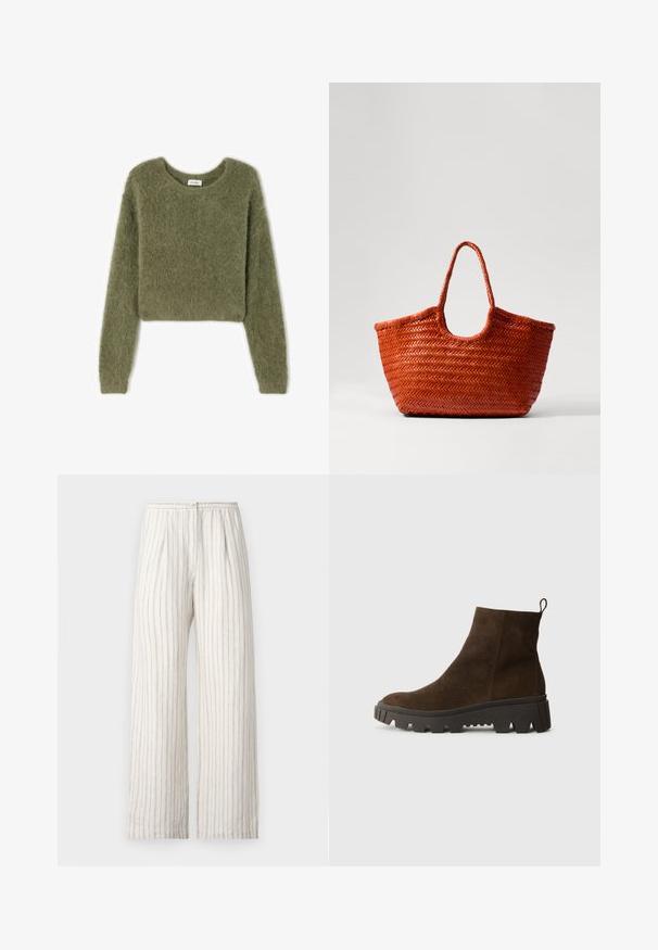 Oliivroheline, lühendatud sviiter pehmest, karvast materjalist pikkade varrukatega ja ümmarguse kaelusega. Ilma nähtavate mustrite või riistade detailideta.; Samsøe Samsøe SATOVE TROUSERS - Püksid - egret; Pruun nahast pahkluu saabas, millel on tugev must kummitald, kerge konts ja tagumine tõmbetöödeldud osa, mis muudab selga panemise lihtsamaks.; DRAGON DIFFUSION NANTUCKET BASKET BIG - Käekott - naranja