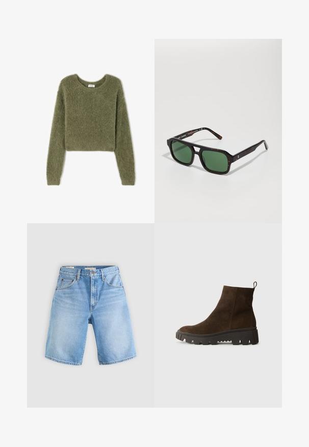 Oliivroheline, lühendatud sviiter pehmest, karvast materjalist pikkade varrukatega ja ümmarguse kaelusega. Ilma nähtavate mustrite või riistade detailideta.; Heledad sinine teksas lühikeste pükste lõige, mis on mugava lõikega, millel on nööbist sulgemine, vöökohapaelad ja viis taskut. Sile tekstuur, millel on tuhmumise alad.; Pruun nahast pahkluu saabas, millel on tugev must kummitald, kerge konts ja tagumine tõmbetöödeldud osa, mis muudab selga panemise lihtsamaks.; Kilpkonnakilpide mustriga ruudukujulised prillid roheliste lensedega, millel on paks raam ja peened tekstuurilisi detaile käsivartel.; DRAGON DIFFUSION NANTUCKET BASKET BIG - Käekott - naranja