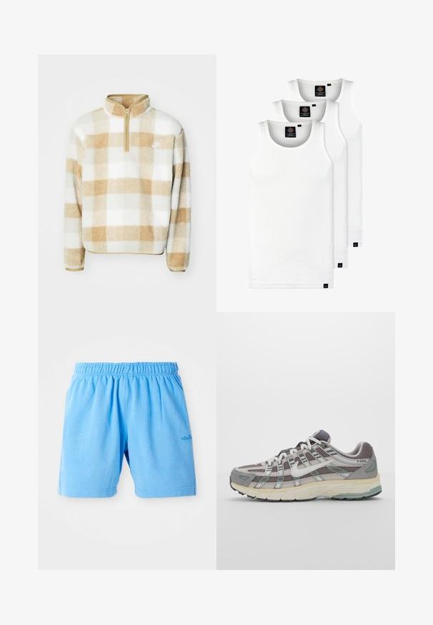 Fleece mikina s polozipem, v béžovo-bílé kostkované vzoru a malým logem na hrudi. Měkká textura a volný střih.; Tři bílé žebrované tílka vyrobené z bavlny. Mají kulatý výstřih a malé černé štítky poblíž lemu. Dostupné v několika velikostech.; Světle modré bavlněné kraťasy s elastickým pasem, navržené pro pohodlné nošení. Obsahují dvojitě šité lemy a malou logo ozdobu.; Šedá sportovní obuv s vrchní částí z mikrovlákna a semiše, bílými akcenty, polstrovanou podrážkou a jedinečným designem s reflexními prvky.