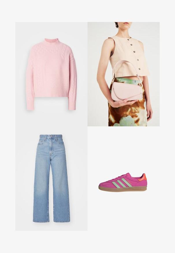 Lacoste ADY - Stickad tröja - nidus; Ljusblå högmidjade vida jeans med knapp- och dragkedjestängning, fram- och bakfickor, mot en vit bakgrund.; Adidas Gazelle sneakers i ljusrosa med ljusgröna ränder, gummisula och orange accent på hälen. Slät syntetisk ovandel.; Rosa läderhandväska med en böjd klaff, enkel axelrem och rena linjer. Väskan har en slät yta och en minimalistisk design.