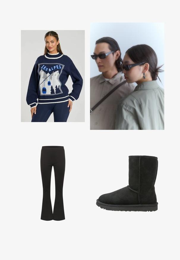 Jersey de punto azul marino con un gráfico de montañas, teleféricos y "LES ALPES" en azul, con ribetes blancos en el cuello y los puños.; Pantalones de campana negros con cintura ajustada y tela suave, mostrados en posición vertical contra un fondo blanco.; Botín de ante negro con punta redondeada, costuras cosidas y suela de goma plana. Presenta un diseño simple sin adornos.; Gafas de sol negras rectangulares con un acabado brillante, con el logo de Ray-Ban en las patillas, llevadas por dos personas con atuendos en tonos apagados.