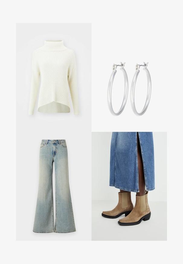 ONLY ONLKATIA SADDLE ROLL NECK - Svetr - whitecap gray melange; Světle modré kalhoty s širokými nohavicemi a vysokým pasem, s vybledlým vzhledem, předními kapsami a jemným rozparem na spodní části nohavic.; Semišové kotníkové boty v odstínu tan s elastickými postranními panely a černým blokovým podpatkem. Nášlapy s lehce modrou džínovou sukní s postranním rozparkem.; Stříbrné kruhové náušnice s hladkým, lesklým povrchem. Kulatý tvar a bezpečné zapínání na klip. Lehký design vhodný pro každodenní nošení.
