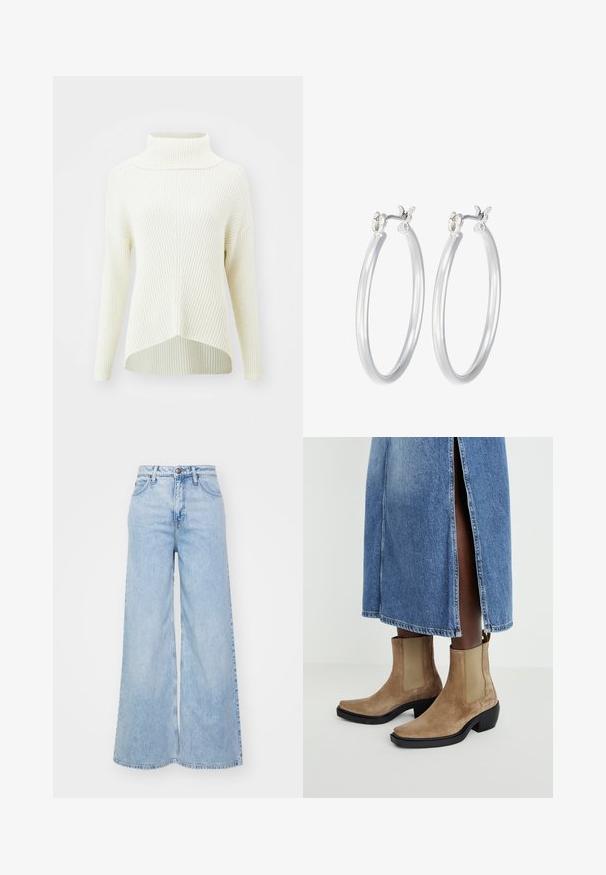 ONLY ONLKATIA SADDLE ROLL NECK - Džemperis - whitecap gray melange; Gai zilo platā kāju džinsu bikses no denima materiāla, ar augstu jostu, pogu aizdari un maigu izbalēšanu. Malas ir apdarinātas.; Mīksti zamšādas potītes zābaki brūnā krāsā ar elastīgām sānu paneļiem un melnu blokveida papēdi. Valkāti ar gaiši zilām džinsi svārkiem, kas ietver sānu šķēlumu.; Sudraba riņķveida auss gredzeni ar gludu, pulētu apdari. Apaļa forma un drošs klikšķa augšējais slēgums. Viegls dizains, kas piemērots ikdienas valkāšanai.