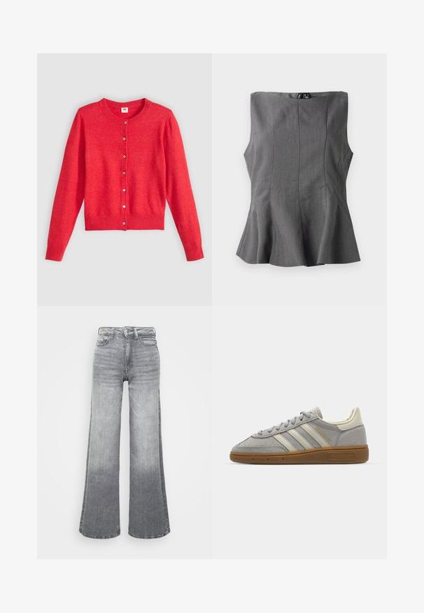 Cárdigan rojo de tejido suave con cuello redondo, mangas largas y cierre de botones en la parte delantera. Presenta botones a juego.; Top peplum gris con un diseño estructurado sin mangas. Hecho de una tela suave, presenta costuras verticales y un escote recto.; Jeans de mezclilla gris de pierna ancha con un degradado de claro a oscuro, que cuentan con una cintura alta, diseño de cinco bolsillos y un cierre de botón clásico.; Zapatillas de ante gris con rayas de cuero gris claro y suela de goma. Las características incluyen cierre con cordones y una marca sutil en la lengüeta.