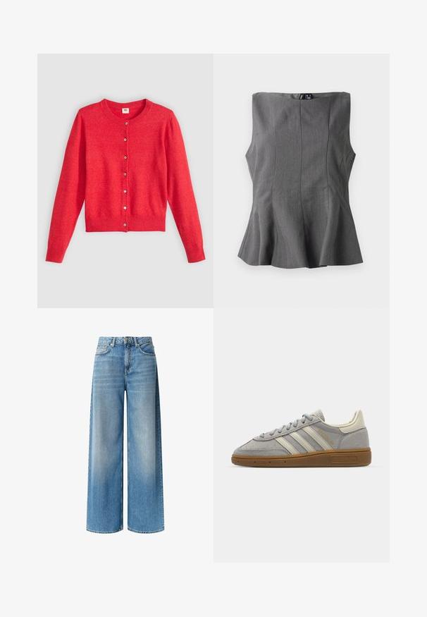Sarkans kardigans, kas izgatavots no mīksta auduma, ar apaļu kakla izgriezumu, garām piedurknēm un pogājamām priekšējām daļām. Iekļauj atbilstošas pogas.; Pelēks peplum tops ar strukturētu, bez piedurknēm dizainu. Izgatavots no gludas auduma, ar vertikālām šuvēm un taisnu dekoltē.; Plati zili denima džinsi ar gaišu mazgāšanu, augstu jostu, priekšējām kabatām un maigi izbalējušu efektu gar kājām. Pabeigti ar pogu aizdari.; Pelēki zamšādē sneakers ar gaiši pelēkiem ādas svītrainēm un gumijas zoli. Iespējas ietver šņorēšanu un smalku zīmolu uz mēles.