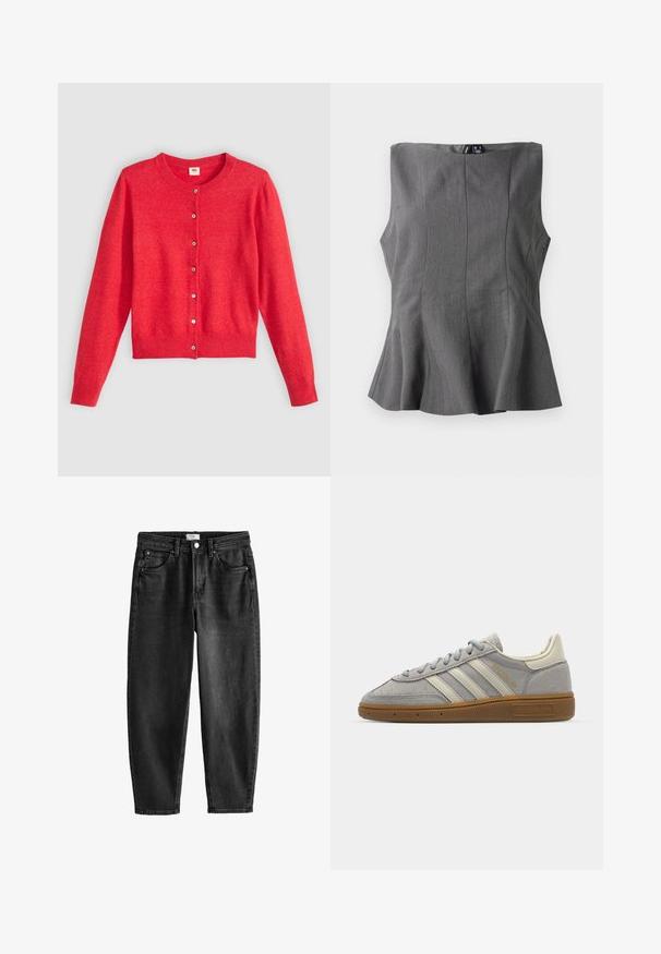 Raudonas megztinis pagamintas iš minkštos medžiagos, turi apvalų iškirpimą, ilgomis rankovėmis ir mygtukų užsegimą priekyje. Apatiniai mygtukai derinami.; Pilkas peplumo topas su struktūruotu, be rankovių dizainu. Pagamintas iš lygaus audinio, turi vertikalias siūles ir tiesų iškirpimą.; Juodos džinsinės kelnės su tiesiu siluetu, penkiais kišenėmis ir mygtuko uždarymu. Ekstremalūs šviesėjimo požymiai ir siuvinėjimo detalės. Kasdienis dizainas.; Pilki zomšiniai sportbačiai su šviesiai pilkomis odinėmis juostelėmis ir guminiu padu. Ypatybės: raištelių uždarymas ir subtilus prekės ženklo logotipas ant liežuvėlio.