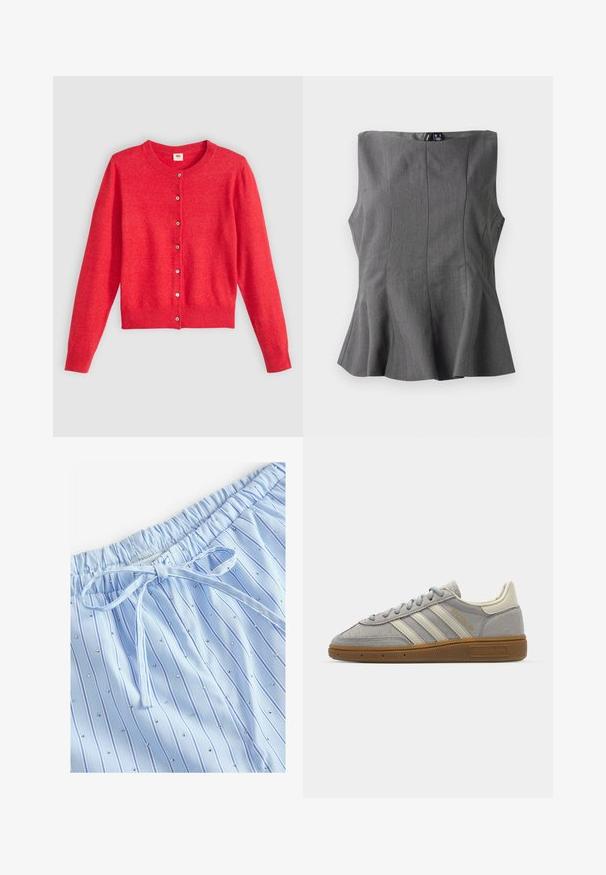 Cardigan rouge en tissu doux avec un col rond, des manches longues et une fermeture à boutons sur le devant. Caractérisé par des boutons assortis.; Haut peplum gris avec un design structuré et sans manches. Fabriqué en tissu lisse, doté de coutures verticales et d'un décolleté droit.; Shorts de pyjama bleu clair avec des rayures verticales et de petites clous réfléchissants. Taille élastique avec un cordon de serrage pour l'ajustement.; Baskets en suède gris avec des rayures en cuir gris clair et une semelle en caoutchouc caramel. Les caractéristiques incluent un laçage et un branding discret sur la languette.