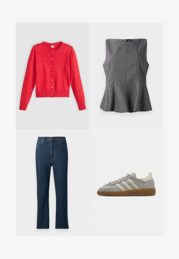 Rød cardigan laget av mykt stoff med rund hals, lange ermer og knapplukking foran. Har matchende knapper.; Grå peplum-top med en strukturert, ermeløs design. Laget av glatt stoff, med vertikale sømmer og en rett halslinje.; Mørkeblå denimjeans med rett ben, som har knappelukking, fem lommer og kontrastsøm. Glatt tekstur.; Grå semskede sneakers med lysegrå læderstriber og en gummi sål. Funktioner inkluderer snørebåndslukning og diskret branding på tungen.