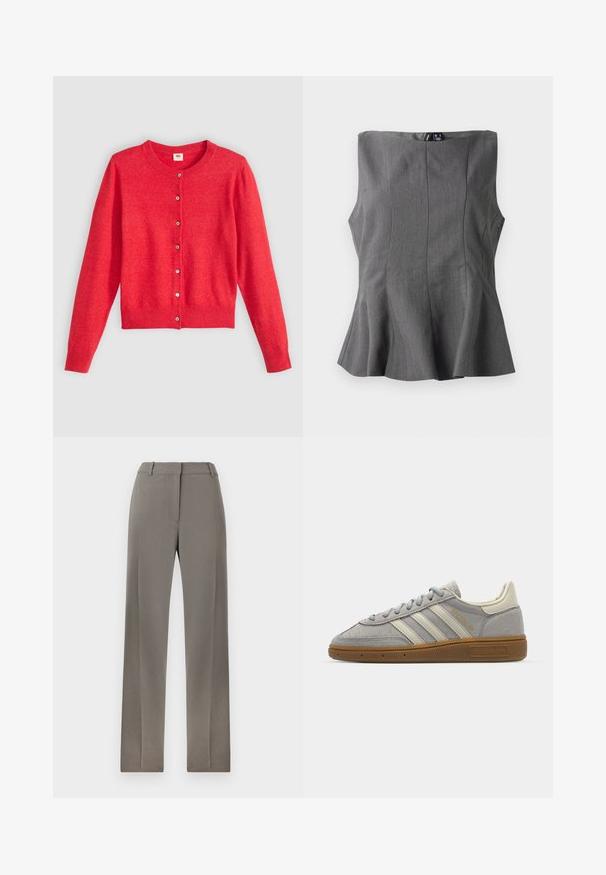 Cardigan rouge en tissu doux avec un col rond, des manches longues et une fermeture à boutons sur le devant. Caractérisé par des boutons assortis.; Haut peplum gris avec un design structuré et sans manches. Fabriqué en tissu lisse, doté de coutures verticales et d'un décolleté droit.; Pantalon gris ajusté avec une coupe droite, devant plat et texture subtile. Tissu doux et taille standard avec passants de ceinture.; Baskets en suède gris avec des rayures en cuir gris clair et une semelle en caoutchouc caramel. Les caractéristiques incluent un laçage et un branding discret sur la languette.
