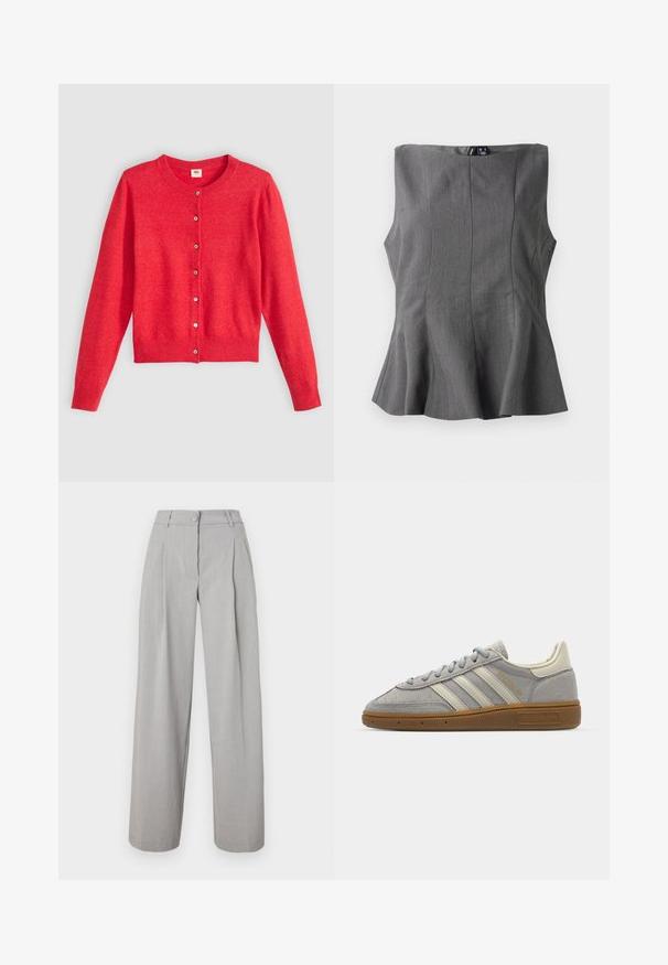 Crvena cardigan od mekane tkanine s okruglim izrezom, dugim rukavima i kopčanjem sprijeda. Ima usklađene gumbe.; Siva peplum gornji dio s čvrstim dizajnom bez rukava. Izrađen od glatkog materijala, s vertikalnim šavovima i ravnim dekolteom.; Svijetlosive hlače širokog kroja s naborima, kopčom u struku i glatkom teksturom tkanine. Ravne nogavice se blago sužavaju na rubu.; Sive suede tenisice s svijetlosivim kožnim prugama i gumiranim potplatom. Značajke uključuju vezanje na vezice i suptilno brendiranje na jeziku.