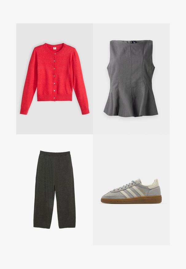 Punainen neuletakki, joka on valmistettu pehmeästä kankaasta, pyöreällä pääntiellä, pitkillä hihoilla ja napitetulla edellä. Varustettu yhteensopivilla napeilla.; Harmaa peplum-toppi, jossa on jäsennelty, hihaton muotoilu. Valmistettu sileästä kankaasta, jossa on pystysaumat ja suora kaula-aukko.; Tummanharmaat, löysästi istuvat housut, jotka on valmistettu pehmeästä materiaalista. Niissä on joustava vyötärö ja rento, suora lahjusuunnittelu.; Harmaat mokka-tennarit, joissa on vaaleanharmaat nahkaviivat ja kumipohja. Ominaisuuksiin kuuluvat nauhakiinnitys ja huomaamaton brändäys kielen kohdalla.