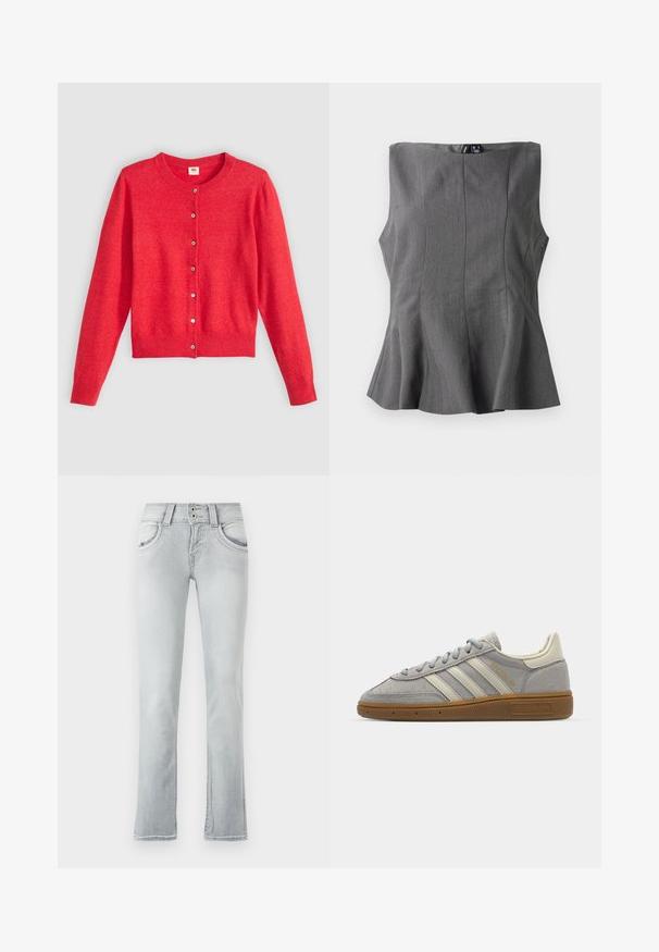 Piros kardigán puha anyagból, kerek nyakkivágással, hosszú ujjakkal és gombos elejével. Illeszkedő gombokkal rendelkezik.; Szürke peplum felső, struktúrált, ujjatlan dizájnnal. Simaságú anyagból készült, függőleges varrásokkal és egyenes dekoltázzsal.; Világoskék farmernadrág, enyhén harangszerű lábbal, két elülső zsebbel, gombos záródással, két gombbal, és diszkrét, kopottas részletekkel.; Szürke velúr sportcipők világosszürke bőr csíkkal és gumi talppal. Jellemzői közé tartozik a fűzős záródás és a diszkrét logó a nyelvén.