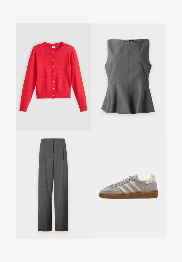 Raudonas megztinis pagamintas iš minkštos medžiagos, turi apvalų iškirpimą, ilgomis rankovėmis ir mygtukų užsegimą priekyje. Apatiniai mygtukai derinami.; Pilkas peplumo topas su struktūruotu, be rankovių dizainu. Pagamintas iš lygaus audinio, turi vertikalias siūles ir tiesų iškirpimą.; Vero Moda VMSIKITA WIDE DAD PANT - Kelnės - medium grey/black; Pilki zomšiniai sportbačiai su šviesiai pilkomis odinėmis juostelėmis ir guminiu padu. Ypatybės: raištelių uždarymas ir subtilus prekės ženklo logotipas ant liežuvėlio.