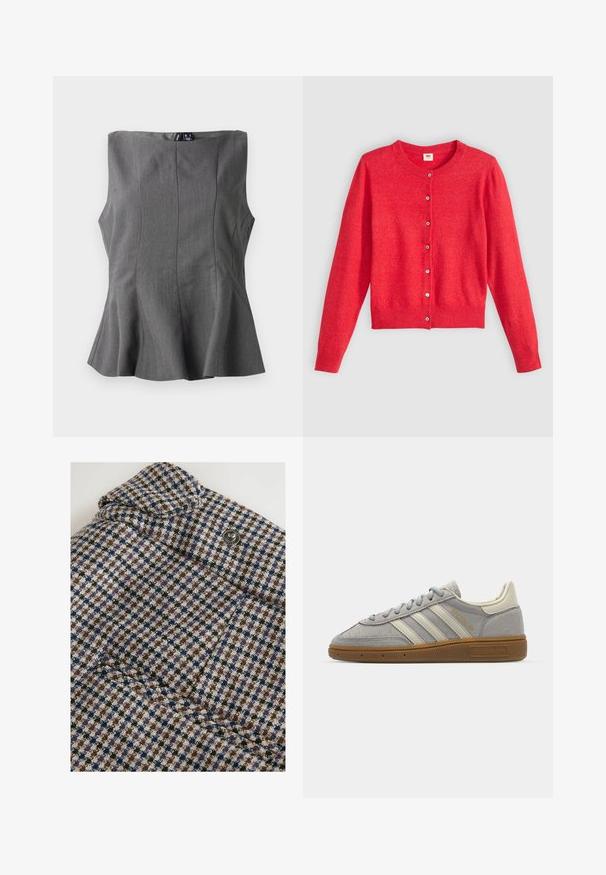 Punane kardigan pehmest kangast, ümarate kaelustega, pikade varrukatega ja nupudega esiosal. Omab sobivaid nuppe.; Hallhalli peplum top, mille on struktuurne, ilma varrukateta disain. Valmistatud siledast kangast, millel on vertikaalsed õmblused ja sirge kaelus.; Next REGULAR FIT - CHECK BARREL TAILORED - Püksid - brown; Hallid hallid seemisjalanõud heledate hallide nahkrihmade ja kummist tallaga. Omadusteks on paelad ja diskreetne brändimine keeles.