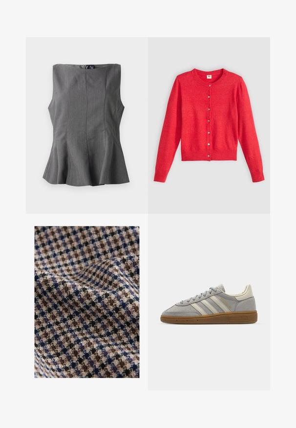 Piros kardigán puha anyagból, kerek nyakkivágással, hosszú ujjakkal és gombos elejével. Illeszkedő gombokkal rendelkezik.; Szürke peplum felső, struktúrált, ujjatlan dizájnnal. Simaságú anyagból készült, függőleges varrásokkal és egyenes dekoltázzsal.; Kockás mintájú textil bézs, barna, tengerészkék és fekete színekkel, texturált felülettel. Puha és hullámzó megjelenés.; Szürke velúr sportcipők világosszürke bőr csíkkal és gumi talppal. Jellemzői közé tartozik a fűzős záródás és a diszkrét logó a nyelvén.