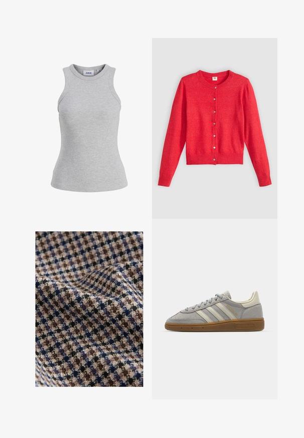 Piros kardigán puha anyagból, kerek nyakkivágással, hosszú ujjakkal és gombos elejével. Illeszkedő gombokkal rendelkezik.; Szürke bordázott ujjatlan trikó, kerek nyakkivágással és testhez simuló fazonnal. A JJXX márka címkéjével rendelkezik.; Szürke peplum felső, struktúrált, ujjatlan dizájnnal. Simaságú anyagból készült, függőleges varrásokkal és egyenes dekoltázzsal.; Kockás mintájú textil bézs, barna, tengerészkék és fekete színekkel, texturált felülettel. Puha és hullámzó megjelenés.; Szürke velúr sportcipők világosszürke bőr csíkkal és gumi talppal. Jellemzői közé tartozik a fűzős záródás és a diszkrét logó a nyelvén.