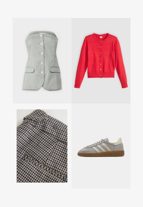 Czerwony kardigan wykonany z miękkiego materiału z okrągłym dekoltem, długimi rękawami i zapinanymi na guziki. Posiada dopasowane guziki.; Szary top bez ramiączek z przodem na guziki, z sześcioma dużymi białymi guzikami, dwoma bocznymi kieszeniami i usztywnioną konstrukcją. Teksturowane wykończenie materiału.; Next REGULAR FIT brązowy; Szare zamszowe trampki z jasnoszarymi skórzanymi paskami i gumową podeszwą. Wśród cech znajduje się zapięcie na sznurowadła oraz subtelna marka na języku.