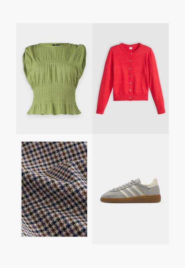 Crvena cardigan od mekane tkanine s okruglim izrezom, dugim rukavima i kopčanjem sprijeda. Ima usklađene gumbe.; Zeleni top s kratkim rukavima, s teksturiranim, smotanim strukom i širim rubom. Ima okrugli izrez i rebrasti uzorak kroz cijeli komad.; Tekstil u karo uzorku koji sadrži bež, smeđe, mornarsko plave i crne boje s teksturiranim završetkom. Mekani i lepršavi izgled.; Sive suede tenisice s svijetlosivim kožnim prugama i gumiranim potplatom. Značajke uključuju vezanje na vezice i suptilno brendiranje na jeziku.