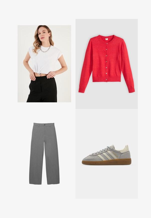 Crvena cardigan od mekane tkanine s okruglim izrezom, dugim rukavima i kopčanjem sprijeda. Ima usklađene gumbe.; Bijela skraćena majica kratkih rukava, s nabrani rubom i srebrnim okruglim detaljima, u kombinaciji s crnim hlačama visokog struka.; Svijetlosive široke hlače s glatkim, teksturiranim materijalom, s prednjim zatvaračem na kopču i petljama za remen u struku.; Sive suede tenisice s svijetlosivim kožnim prugama i gumiranim potplatom. Značajke uključuju vezanje na vezice i suptilno brendiranje na jeziku.