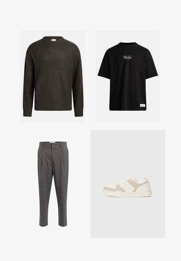 Tamnozeleni, debeli pleteni pulover s okruglim izrezom, spuštenim ramena i teksturiranim uzorkom po cijelom. Rebrasti rukavi i rub.; Crna kratka majica od pamuka. Ima mali bijeli logo na prsima i pravokutnu oznaku u donjem desnom kutu.; Sive krojene hlače od teksturirane tkanine, s nabranim detaljima, ravnog kroja i s petljama za remen. Bez vidljivih metalnih dijelova ili akcenta.; Bijele i bež tenisice s kombinacijom glatkih i antilop tekstura, okruglim prstima, vezanjem i ravnim gumenim potplatom.