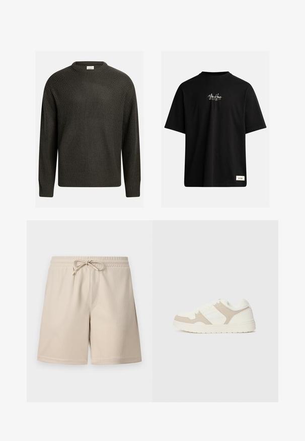 Ciemnozielony, gruby sweter z okrągłym dekoltem, opadającymi ramionami i teksturowanym wzorem na całej powierzchni. Rękawy i dół wykończone ribbą.; Czarny krótki t-shirt z bawełny. Posiada małe białe logo na piersiach oraz prostokątną metkę w prawym dolnym rogu.; Beżowe szorty o ribbowanej fakturze, z elastycznym paskiem na sznurku i bocznymi kieszeniami, prezentujące prosty i funkcjonalny design.; Białe i beżowe sneakersy z połączeniem gładkich i zamszowych faktur, okrągłym noskiem, sznurowanym zapięciem oraz płaską gumową podeszwą.