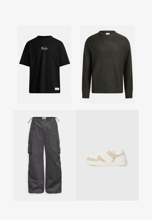 Tamsiai žalias, storas megztinis su apvaliu iškirpimu, žemyn nukritusiais pečiais ir tekstūruotu raštu visame megztinyje. Raštas ant rankovių ir apvado.; Juodas trumpomis rankovėmis marškinėliai, pagaminti iš medvilnės. Yra nedidelis baltas logotipas ant krūtinės ir stačiakampis etiketė apatiniame dešiniajame kampe.; Pilkos krovinių kelnės su tekstūriniu audiniu, elastinga juosta, raišteliu ir šoninėmis kišenėmis. Plataus kirpimo, laisvas siluetas su plačiomis kojomis.; Baltos ir smėlio spalvos sportbačiai, turintys sklandžių ir zomšinių tekstūrų derinį, apvalūs pirštai, su raištelių užsegimu ir plokščiu guminio pado dizainu.