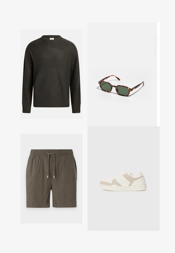 Donkergroene, dik gebreide trui met een ronde halslijn, verlaagde schouders en een textuurpatroon over de gehele trui. Geribbelde manchetten en zoom.; Donkergroene shorts met een elastische tailleband, een trekkoordsluiting en een soepele, lichte textuur. Geen zichtbare zakken of patronen.; Witte en beige sneaker met een combinatie van gladde en suède texturen, ronde neus, vetersluiting en een platte rubberen zool.; Tortoiseshell zonnebrillen met groene glazen, met een octagonaal formaat en slanke, gebogen armen. Materiaal heeft een glanzende afwerking.