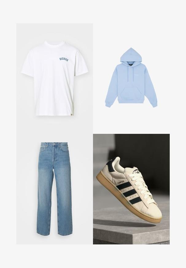 Světle modrá mikina s kapucí vyrobená z bavlny, s velkou přední kapsou, šňůrkou na stažení kapuce a volným střihem. Logo umístěné na hrudi.; Bílý bavlněný tričko s světle modrým obloukovým logem "DICHIES" na levé horní části hrudi, krátké rukávy a kulatý výstřih.; Světle modré džíny s vysokým pasem, rovnými nohavicemi, předním zapínáním na knoflík a pěti kapsami na jednobarevném pozadí.; Béžové semišové tenisky s třemi tmavě modrými pruhy, bílými tkaničkami a hnědou gumovou podrážkou. Obsahují logo na jazyku a nápis "CAMPUS".