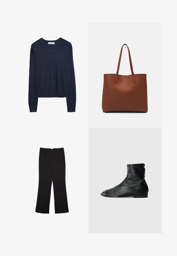 Maglione lavorato a maglia blu navy con scollatura rotonda e maniche lunghe, caratterizzato da un orlo leggermente accorciato e polsini a coste per un tocco di texture.; Pantaloni neri a gamba dritta, con tasche frontali e spacchi laterali all'orlo. Realizzati in tessuto morbido e liscio. Adatti a diverse occasioni.; Stivaletti neri in pelle con design a punta, texture liscia e chiusura con cerniera laterale per una facile vestibilità. Tacco basso, stile minimalista.; Borsa tote in pelle marrone con texture liscia, design con apertura superiore e due spallacci. Presenta cuciture minime e nessun hardware visibile.