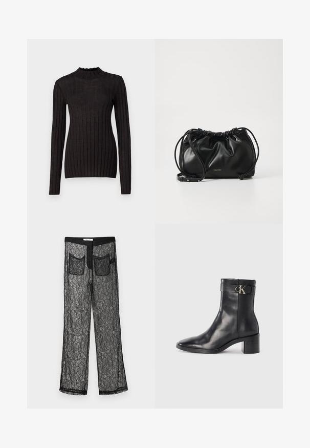 Zwarte geribde trui met lange mouwen en een hoge, volantsnek. De stof is soepel met een getailleerde silhoutte en heeft verticale strepen.; Samsøe Samsøe SAYLA TROUSERS - Broek - black; Zwarte leren enkellaars met een spitse neus, blokhak en een bandje met een metallic logo. Gladde textuur en minimalistisch ontwerp.; Zwarte leren handtas met geplooid ontwerp, dubbele trekkoordsluiting en afneembare schouderband. Voorzien van metallic logo detail.