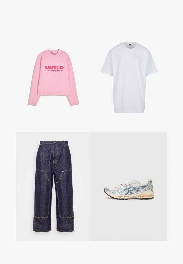 Rosa Strickpullover mit langen Ärmeln, gerippten Bündchen und Saum, auf dem die Schrift "UNTLD UNTITLED GOODS" in fettem Rot über der Brust prangt.; Weiße Baumwoll-T-Shirt mit kurzen Ärmeln, rundem Ausschnitt, lockerer Passform und ohne sichtbare Logos oder Muster. Glatte Textur und minimalistisches Design.; Carhartt WIP NASH PANT SMITH - Jeans Relaxed Fit - blue rinsed; Laufschuh mit einem leichten Mesh-Obermaterial in Silber und Blau, einer gepolsterten beigen Zwischensohle und einer strapazierfähigen schwarzen Gummisohle.