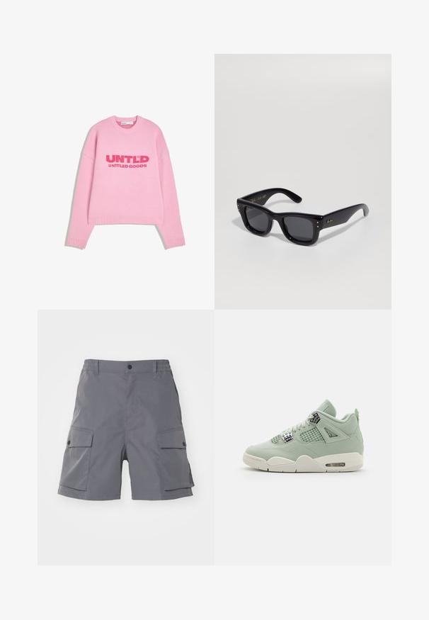 Lyserød striktrøje med lange ærmer, ribbede manchetter og kant, med teksten "UNTLD UNTITLED GOODS" i fed rød over brystet.; Carhartt WIP BALTO - Shorts - graphite; Lys grøn sneaker med overdel i læder, mesh-paneler, hvid sål og markante detaljer. Har snørebånd og luftdæmpning i hælen.; Sorte solbriller med en blank finish, rektangulær stel, mørke linser og guld logo detaljer på stængerne. To guld prikker i hvert forreste hjørne.; Guld-tonet metal kædedesign med store, sammenlåsende led og en sikker lås. Glat, skinnende overflade med en poleret finish.