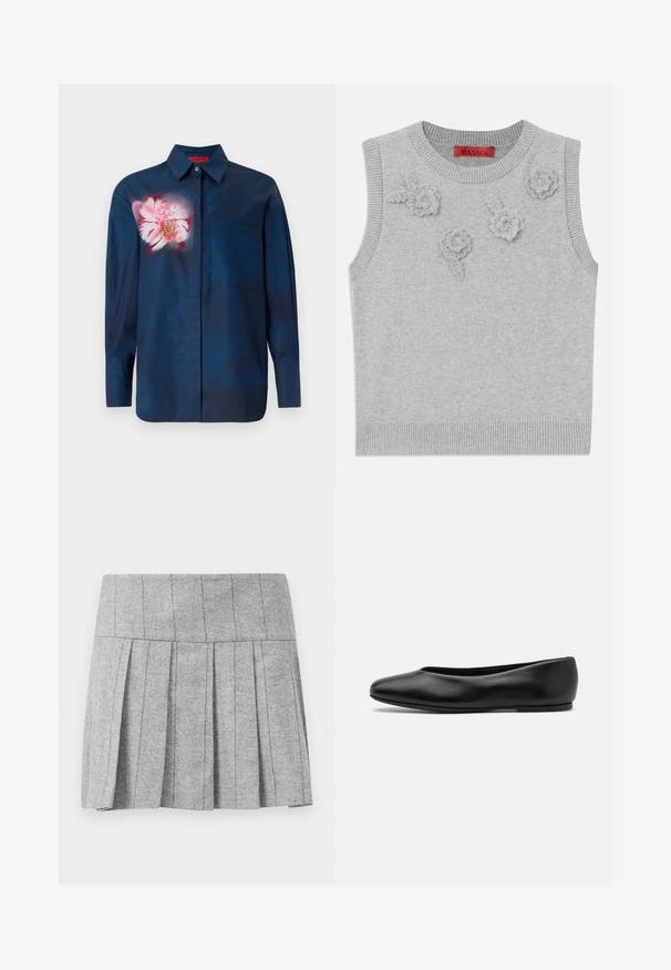 Lichtgrijze mouwloze trui met een geribbelde halslijn en zoom. Bevat drie textuurrijke bloemapplicaties op de voorkant. Merklabel: MAX&Co.; Navyblauwe shirt met een bloemenmotief in roze tinten op de linkerborst, voorzien van een button-down kraag en een enkele zak aan de voorkant.; Grijze geplooide rok gemaakt van stof met een haringbone-patroon; heeft een gestructureerde tailleband en een rechte snit aan de onderkant.; Paul Smith TOPANGA - Ballerina's - black