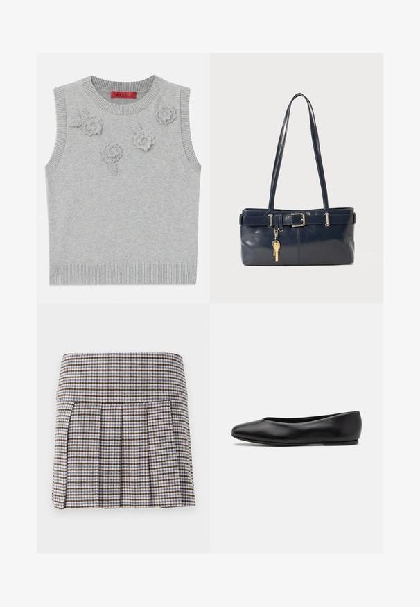 Svijetlosivi bezrukavni pulover s rebrastim ovratnikom i rubom. Sadrži tri teksturirane cvjetne aplikae sprijeda. Brend: MAX&Co.; Fald u pliseu u smešaj s smešnim, bež i plavim kariranim uzorkom. Izrađen od teksturiranog materijala s prilagođenim pojasom i dekorativnim pliseima.; Paul Smith TOPANGA - Balerinke - black; Morska kožna torbica s dva duga ramena, detaljem kopče i privjeskom za ključeve. Ima glatku teksturu i pravokutni oblik.