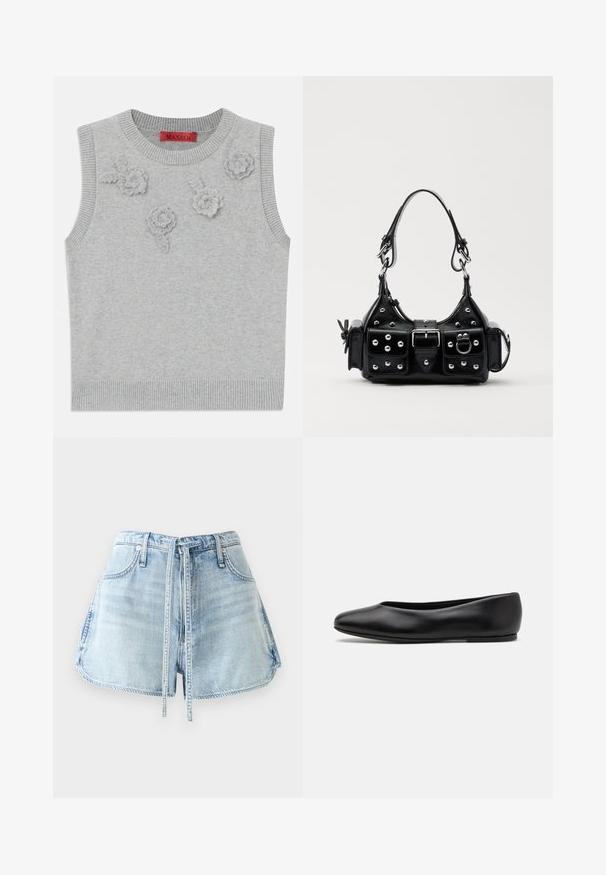 Hellgrauer ärmelloser Pullover mit einem gerippten Hals- und Saumabschluss. Verfügt über drei strukturierte Blumenapplikationen auf der Vorderseite. Markenlabel: MAX&Co.; Helle blaue Jeansshorts mit einem Kordelzugbund, fünf Taschen und rohen Saumkanten. Der Stoff hat eine abgediente Textur.; Paul Smith TOPANGA - Klassischer Ballerina - black; Schwarze Lederhandtasche mit einem geschwungenen Design, verziert mit silbernen Nieten, einer Schnalle und zwei seitlichen Taschen. Verstellbarer Träger für verschiedene Tragemöglichkeiten.