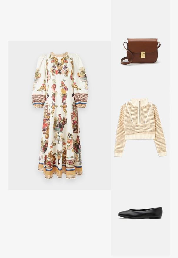 Világos bézs cropped pulóver, cipzáras álló gallérral, mely texturált mintával és bordás mandzsettával, valamint szegéllyel rendelkezik. A kötött és szőtt anyagok kombinációja.; Hosszú krémszínű ruha puffasztott ujjakkal, színes gyümölcs, zöldség és kakas mintákkal díszítve, barna mintás mandzsettákkal és szegéllyel.; Paul Smith TOPANGA - Balerina cipők - black; Barna bőr kézitáska, hajtókás zárással, arany színű fém kiegészítőkkel, vállpánttal és sima felülettel. Kompakt téglalap alakú.