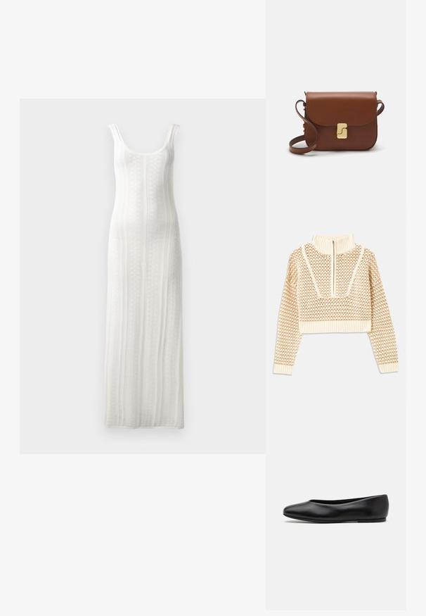 Suéter corto de un beige claro con cuello tipo chimenea con cremallera, que presenta un patrón texturizado y puños y dobladillo acanalados. Combina materiales de punto y tejido.; Vestido largo de punto blanco con escote redondo, textura acanalada y tirantes anchos. Presenta un patrón de rayas verticales y una silueta recta.; Paul Smith TOPANGA - Bailarinas - black; Bolso de mano de cuero marrón con cierre de solapa, herrajes en tono dorado, correa para el hombro y una textura suave. Forma rectangular compacta.