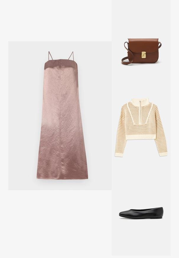 Helebeige lühike sviiter, millel on lukuga kaelus, tekstuuriga muster ning soonikuga varrukad ja äär. Kombineerib kudumise ja kootud materjalid.; Sametist midi kleit roosi gradienttoonis, millel on õhukesed rihmad ja sujuv, kerge kortsus tekstuur, otse silueti kujuga.; Paul Smith TOPANGA - Baleriinad - black; Pruunist nahast käekott, millel on klapiga sulgur, kuldne riistvara, õlarihm ja sile tekstuur. Kompaktne ristkülikukujuline vorm.