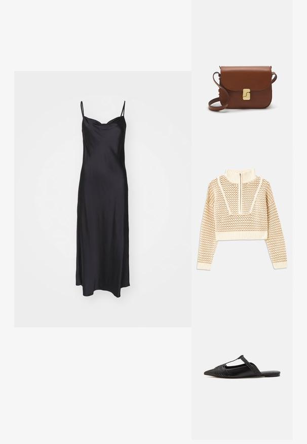 Svijetlo bež skraćeni džemper s rajsferšlusom i visokom ovratnikom, s teksturiranim uzorkom i rebrastim rukavima i rubom. Kombinira pletivo i tkaninu.; Crna saten haljina na slip način s tankim trakama, glatkom teksturom i prilagođenim korzetom koji prelazi u A-linijski kroj.; Crne kožne cipele s remenom oko pete i šiljastim vrhom, s pletenim naglaskom i nabranim gornjim dijelom. Ravni đon s minimalnim hardverom.; Smeđa kožna torba s preklopom, zlatnim detaljima, remenom za nošenje preko ramena i glatkom teksturom. Kompaktni pravokutni oblik.