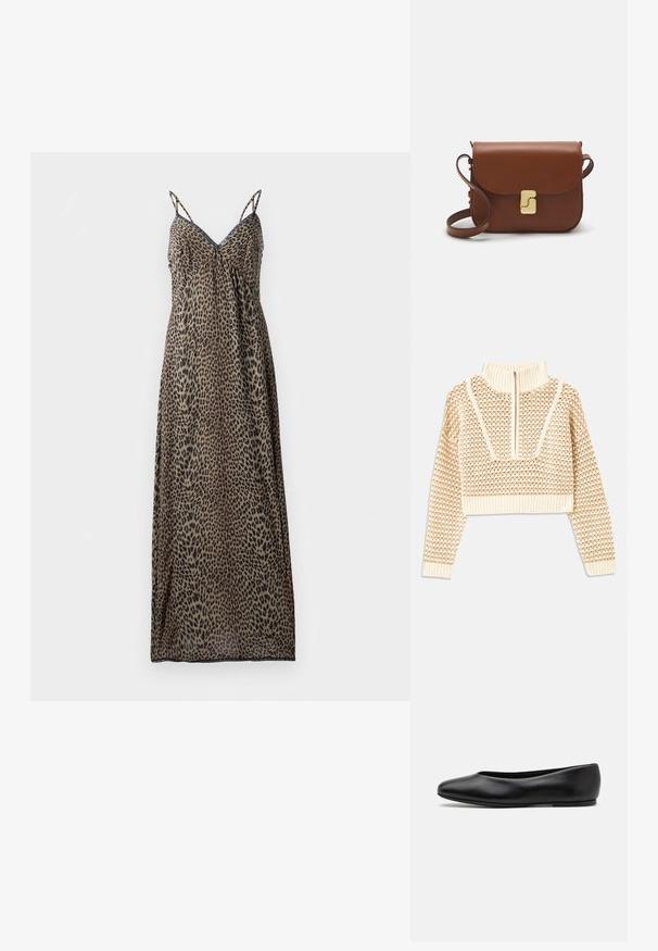 Pullover cropped beige chiaro con collo alto con zip, caratterizzato da un motivo testurizzato e polsini e orlo a coste. Combina materiali a maglia e tessuti.; Abito maxi in stampa leopardata con spalline sottili, scollatura a V, design fluido, tessuto trasparente, toni terrosi di marrone e nero, e orlo dritto.; Paul Smith TOPANGA - Ballerine - black; Borsa a tracolla in pelle marrone con chiusura a pattina, hardware color oro, tracolla e una finitura liscia. Forma rettangolare compatta.