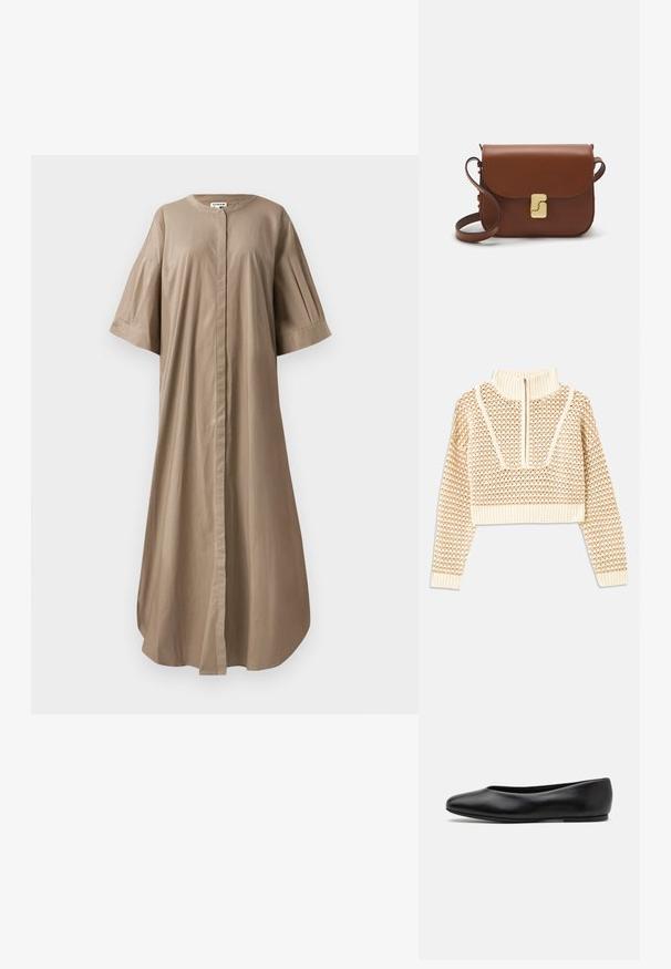 Helebeige lühike sviiter, millel on lukuga kaelus, tekstuuriga muster ning soonikuga varrukad ja äär. Kombineerib kudumise ja kootud materjalid.; Kohviroheline midi kleit, mis on valmistatud puuvillast, ümarate kaelustega, lühikeste laiade varrukatega ning eest nööpidega kinnitatud. Sile tekstuur ja lõdvestunud istuvus.; Paul Smith TOPANGA - Baleriinad - black; Pruunist nahast käekott, millel on klapiga sulgur, kuldne riistvara, õlarihm ja sile tekstuur. Kompaktne ristkülikukujuline vorm.