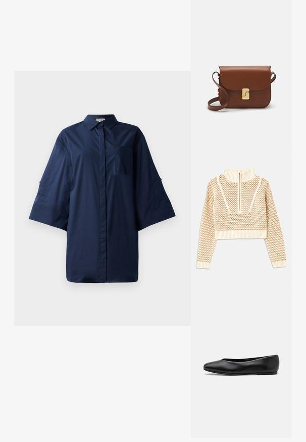 Sweater cropped de cor bege claro com gola alta com fecho, apresentando um padrão texturizado e mangas e bainha caneladas. Combina materiais tricotados e tecidos.; Camisa azul-marinho com botões, colarinho pontudo, mangas curtas e largas, e um bolso no peito; tecido suave com um padrão sólido.; Paul Smith TOPANGA - Sabrinas - black; Bolsa de couro castanho com fecho de aba, decoração em tom dourado, alça de ombro e textura suave. Formato retangular compacto.
