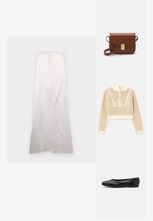 Šviesiai kreminis sutrumpintas megztinis su užtrauktuku ir apykakle, turintis tekstūruotą raštą bei gaubtus ir apykaklę su banguotais kraštais. Sujungia megztą ir audinį.; Balta, be rankovių suknelė tiesia siluetu, pagaminta iš šiek tiek tekstūruoto audinio, su centriniu siūlu ir minimaliais petnešomis.; Paul Smith TOPANGA - Balerinos stiliaus laivutės - black; Ruda odinė rankinė su uždaromu dangteliu, aukso spalvos detalėmis, petneša ir lygiu paviršiumi. Kompaktiška stačiakampio formos.