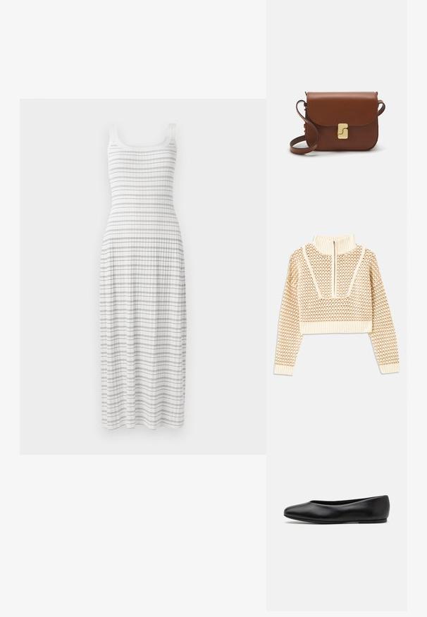 Jasnobeżowy krótki sweter z zapięciem na zamek błyskawiczny przy kołnierzu w stylu stójki, z teksturowanym wzorem oraz prążkowanymi mankietami i dołem. Łączy materiały dziane i tkane.; Biała sukienka maxi z dopasowaną górą i rozkloszowanym dołem. Posiada poziome niebieskie paski i żeberkową teksturę, z cienkimi ramiączkami.; Paul Smith TOPANGA czarny; Brązowa skórzana torebka na ramię z klapką, złotymi detalami, paskiem na ramię i gładką teksturą. Kompaktowy prostokątny kształt.